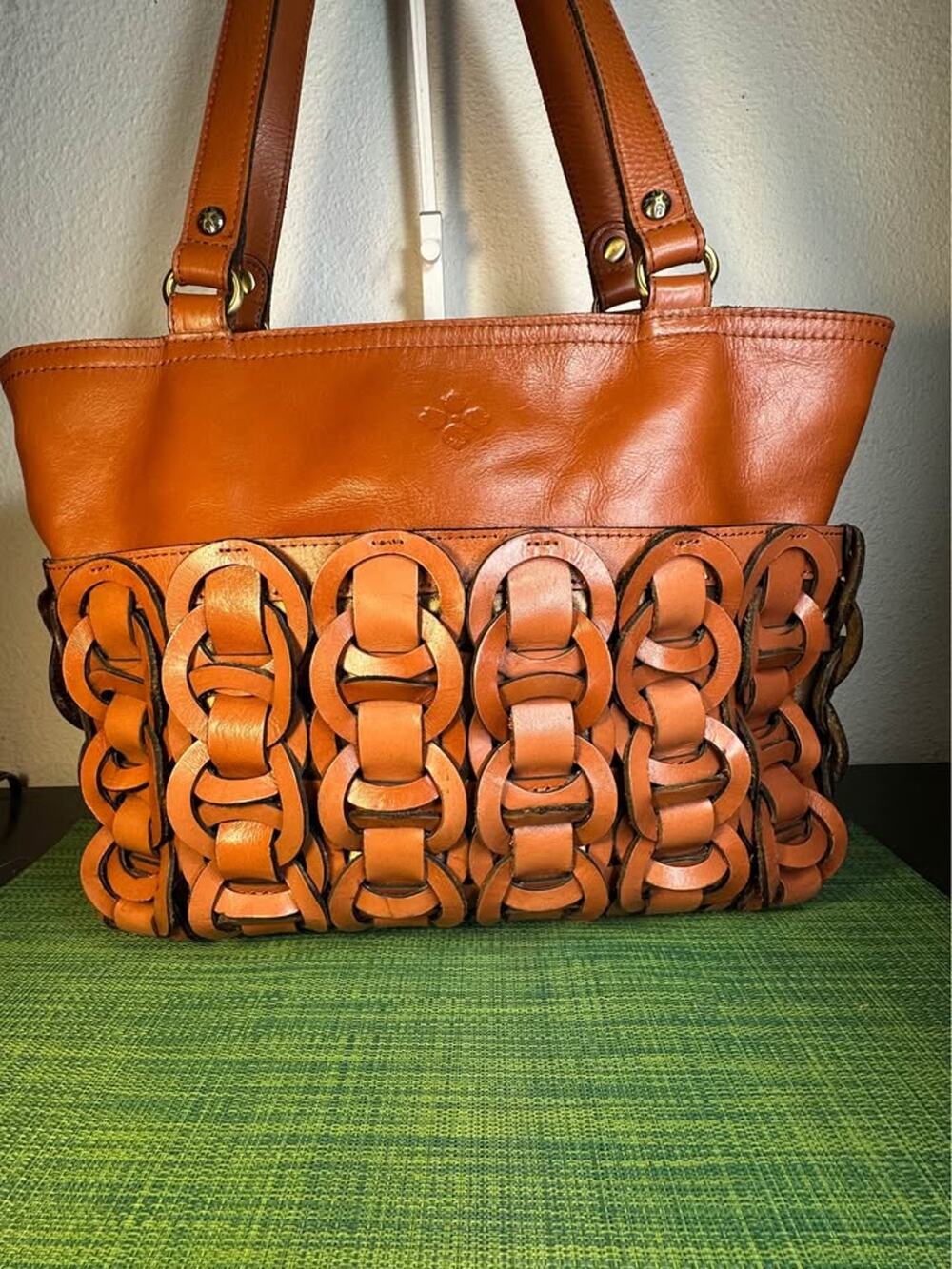 Patricia Nash Nevoso Tote Leather Handbag - Cognac Tan Chainlink